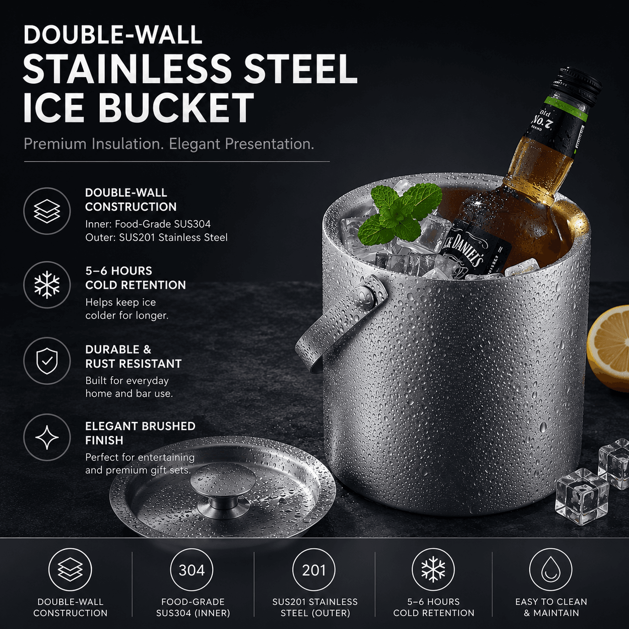 Double-Wall Stainless Steel Ice Bucket with Lid — image 3