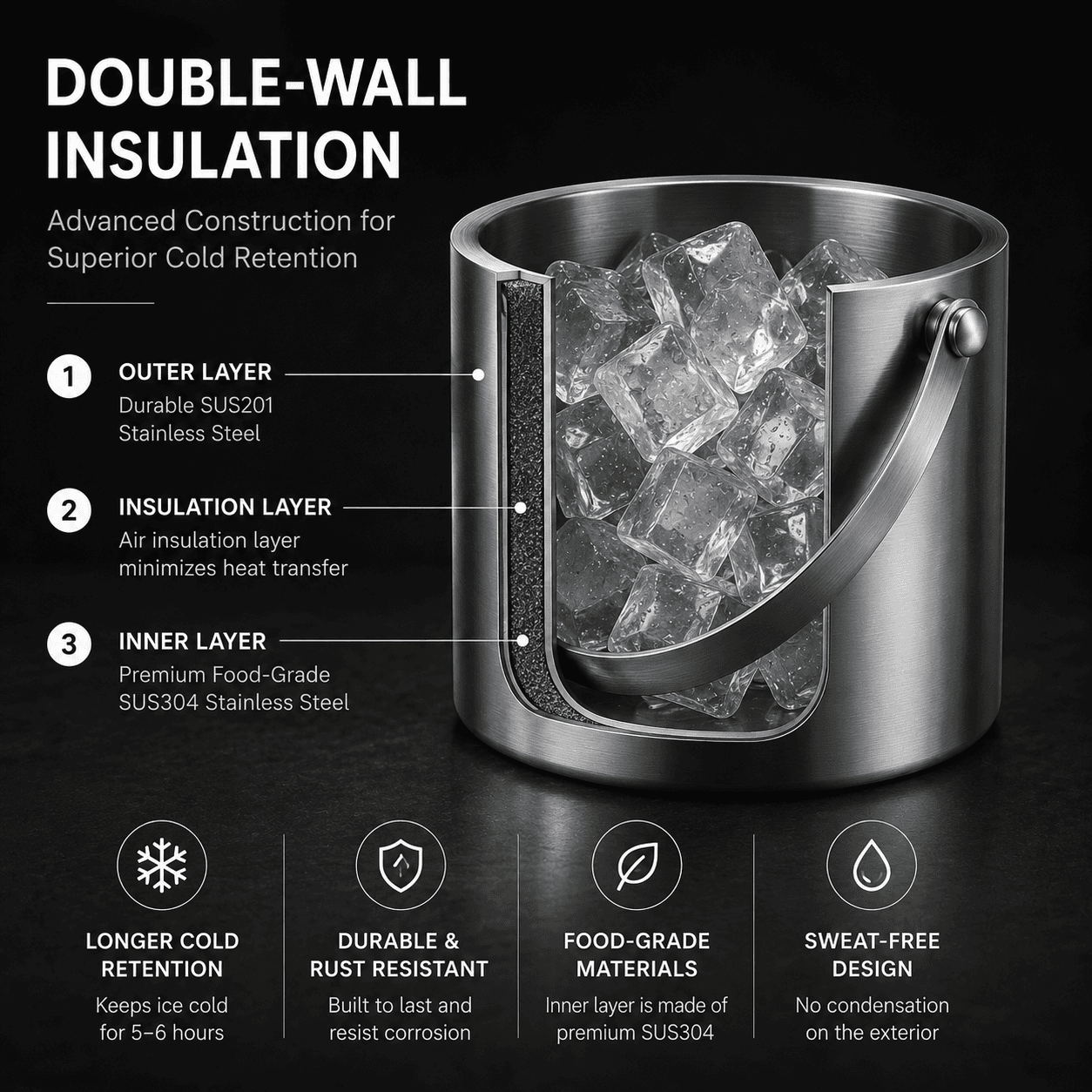 Double-Wall Stainless Steel Ice Bucket with Lid — image 2