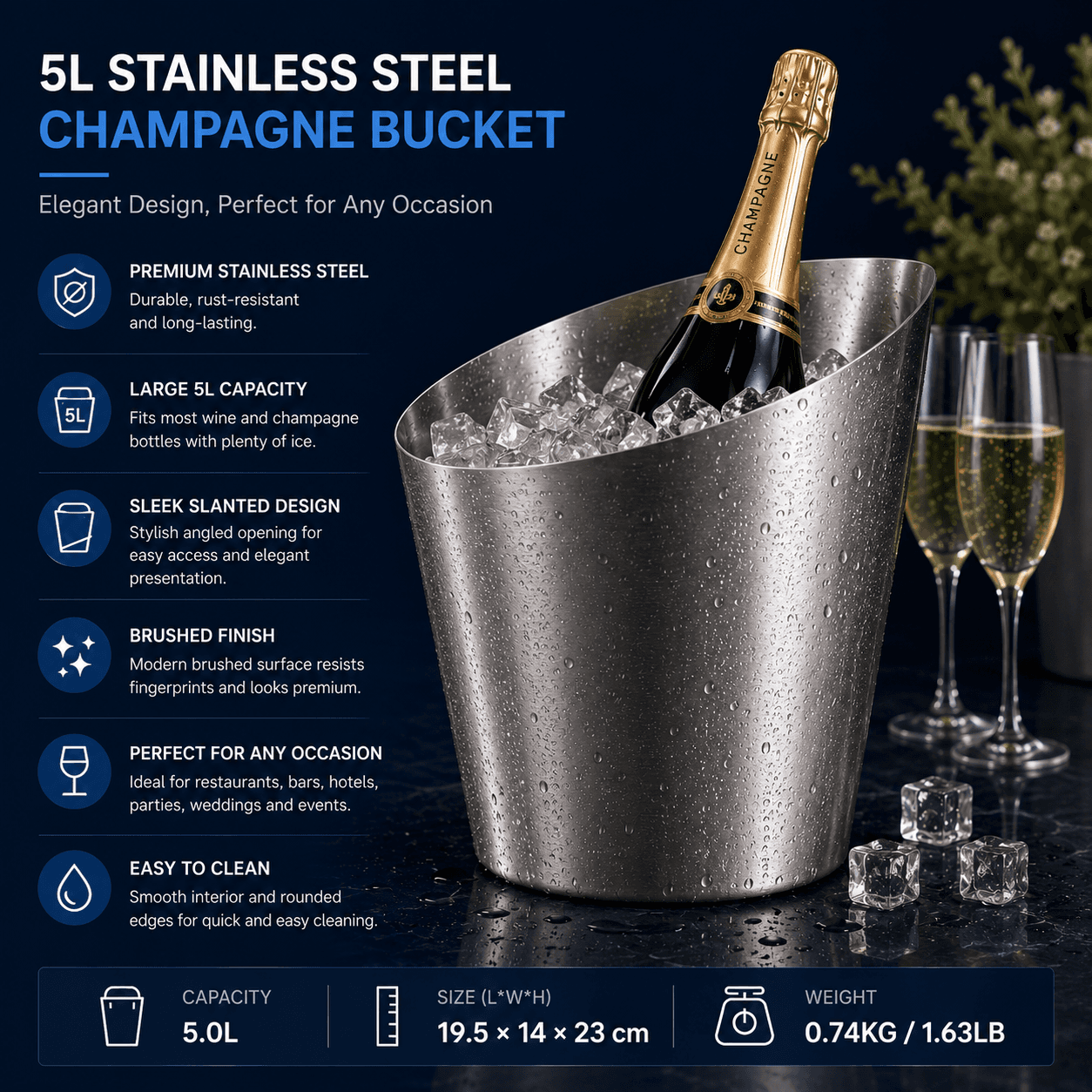3L/5L Stainless Steel Slanted Champagne Bucket — image 4
